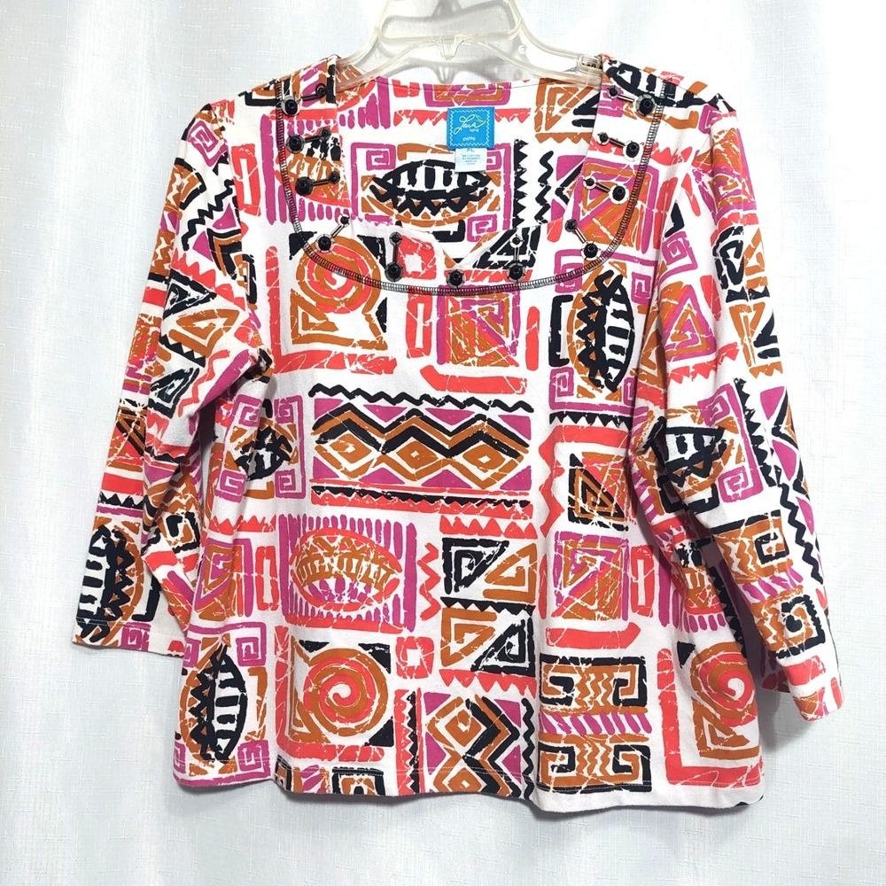 Lara Lane Womens PL Popover Top Multicolor Tribal Print 3/4 Sleeve Square Neck